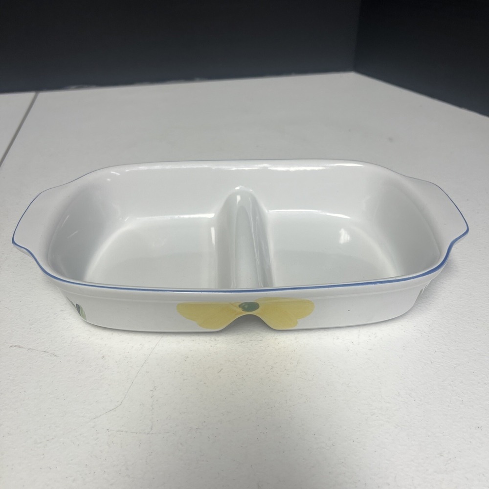 Maxam white with yellow & blue florals bakeware hand painted Portugal 2 sections